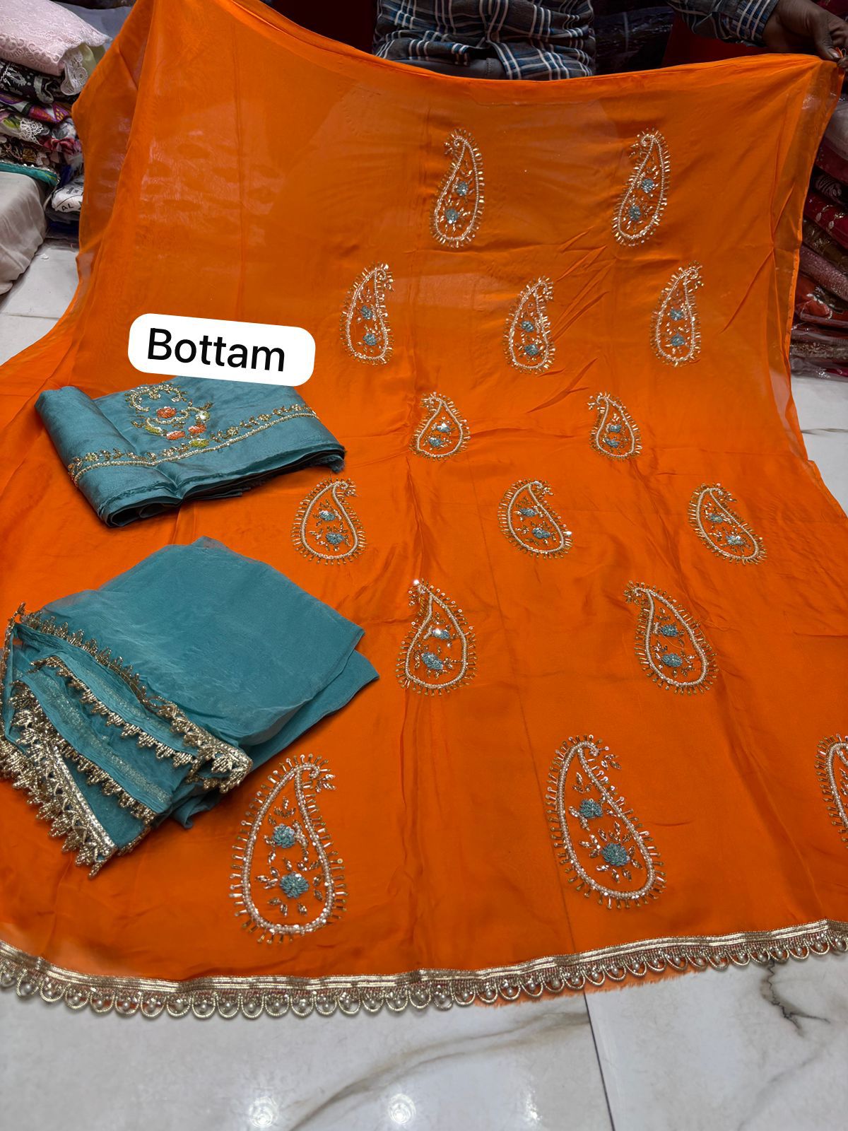 Teal and Orange Gota Patti Handwork Suit